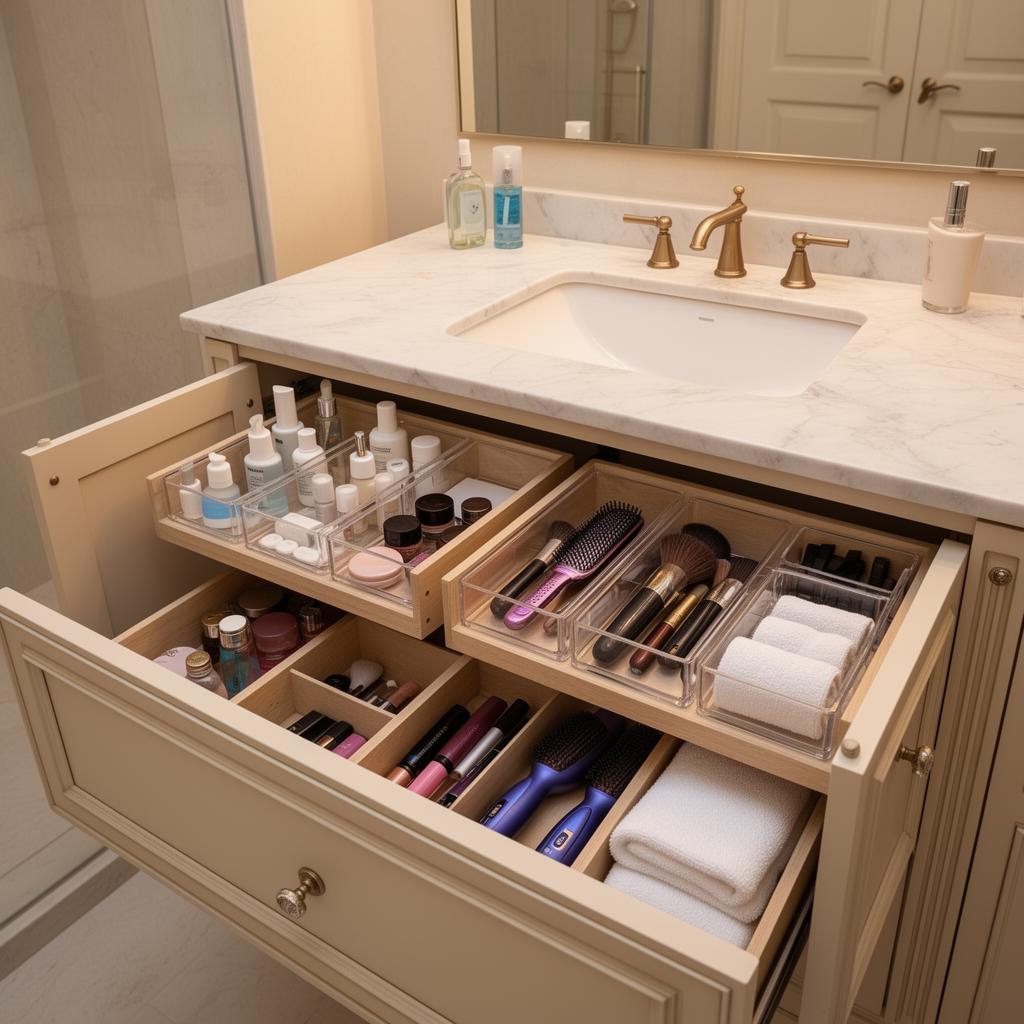 Bathroom vanity with cabinets open showing perfectly organized drawers