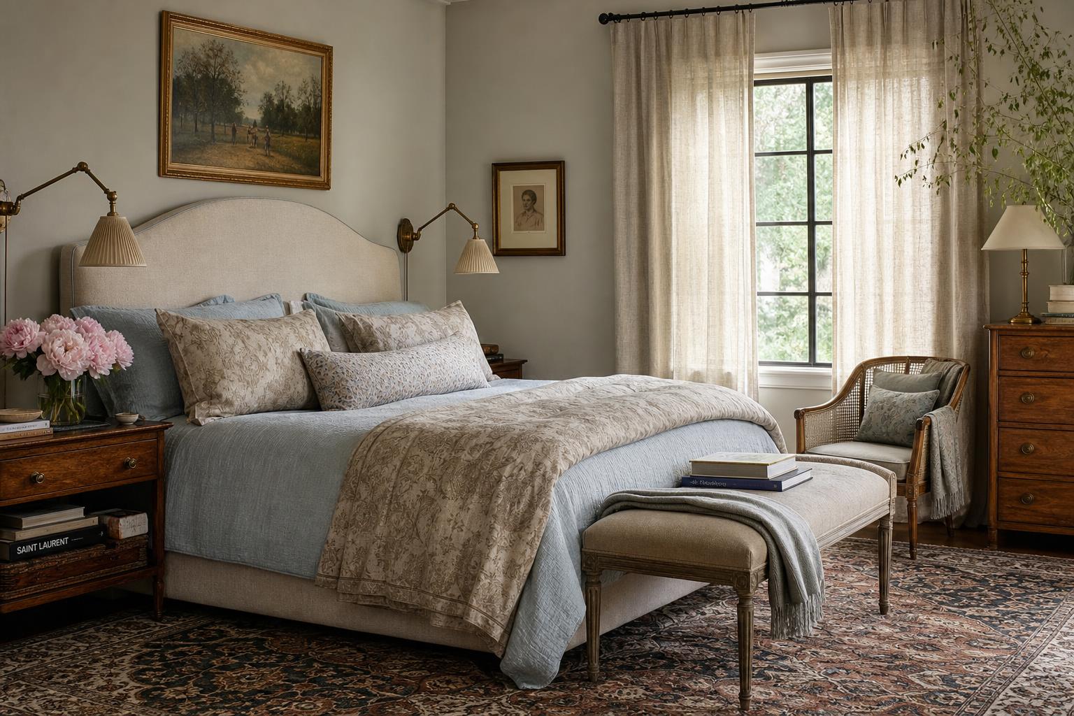 Beautifully organized luxury bedroom with cream textiles