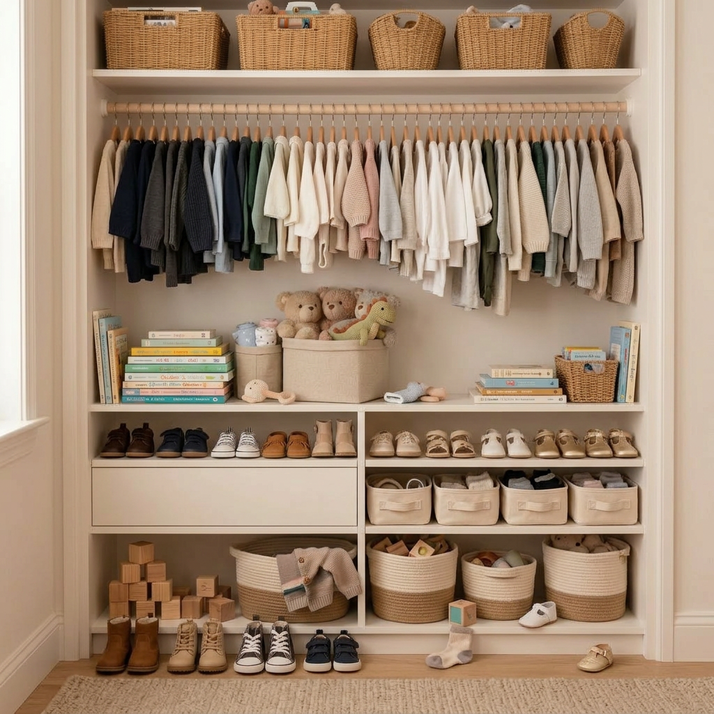 Organized small child's closet with color-arranged clothing