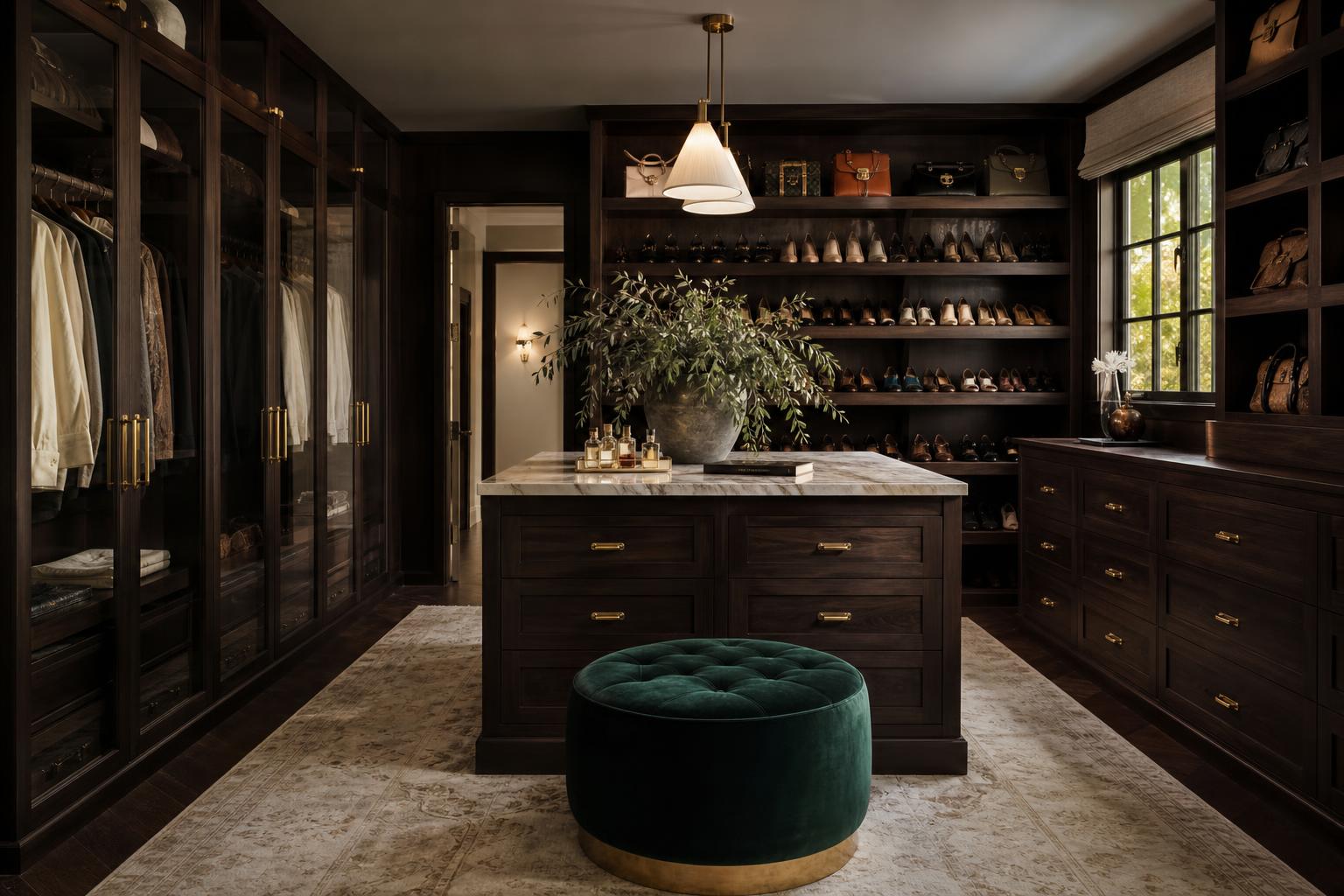 Beautifully organized luxury closet with warm ivory tones and natural lighting