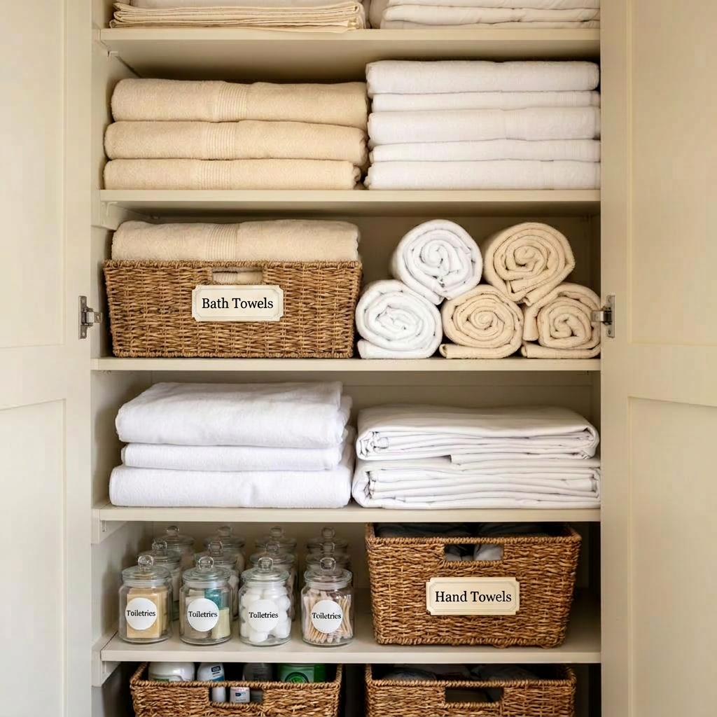 Beautifully organized linen closet with rolled ivory towels and labeled baskets