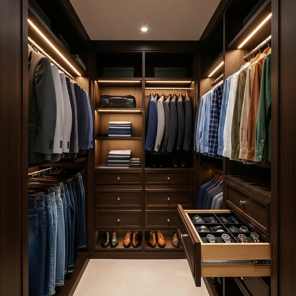 Luxury men's walk-in closet with tailored suits and lit shoe shelves