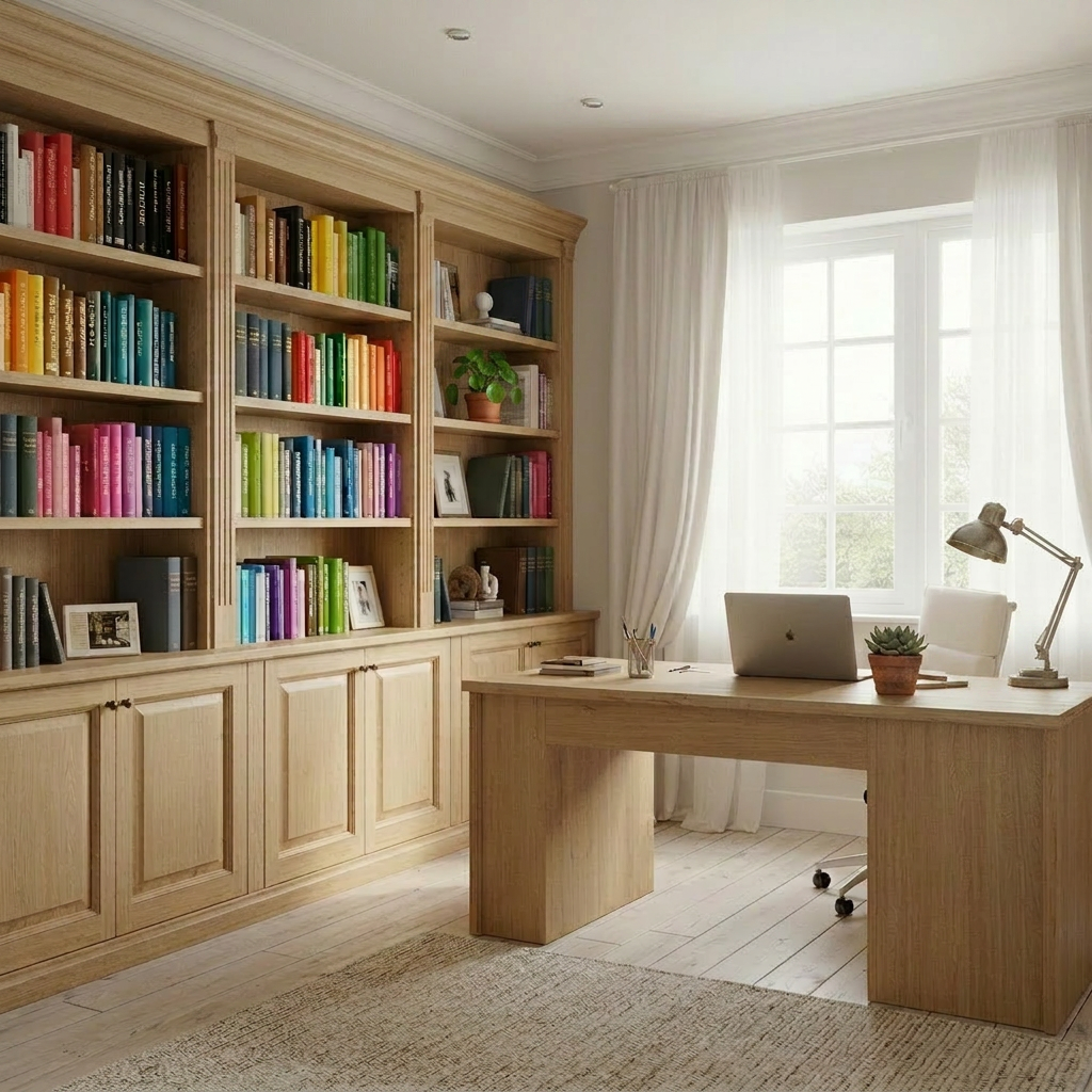 Bright airy home office with books arranged by color