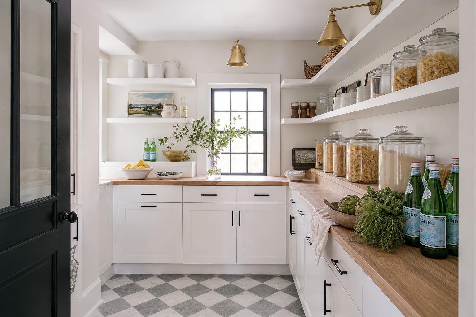 Luxury organized pantry with glass containers and warm wood shelving