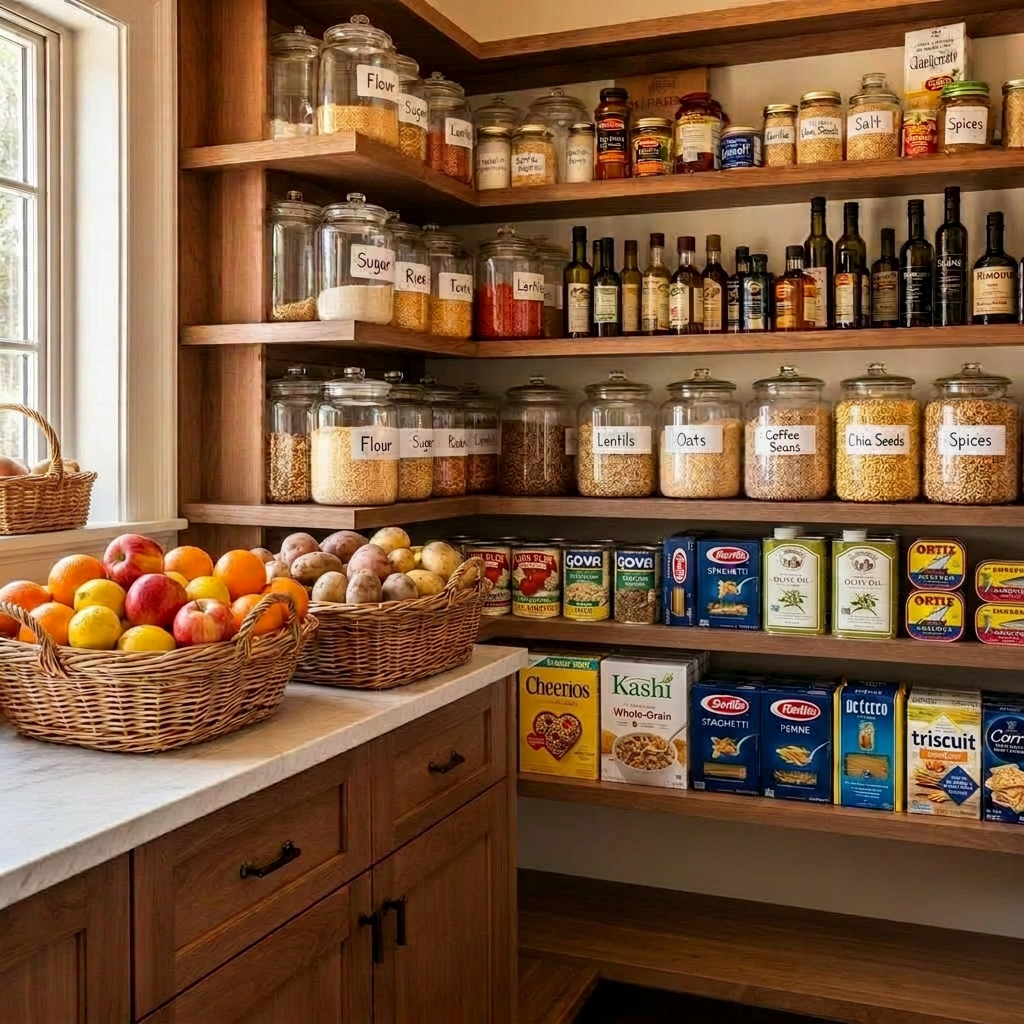 Luxury scullery pantry stocked with labeled glass canisters